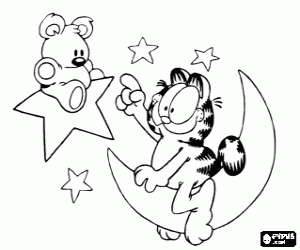 Coloriage Garfield et Pooky, son ours en peluche, � la lune et les �toiles