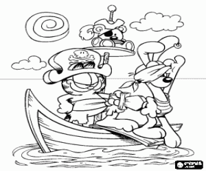 Coloriage Garfield et ses amis Odie et Pooky v�tus comme des pirates dans un petit bateau