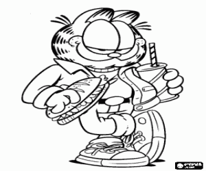 Coloriage Garfield mangeant un sandwich et boireant un soda � la canne