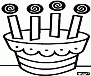 Coloriage G�teau d'anniversaire avec quatre bougies allum�es