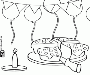 Coloriage G�teau d'anniversaire divis� en quatre grandes pi�ces et les ornements avec une bougie, des ballons et des drapeaux de papier