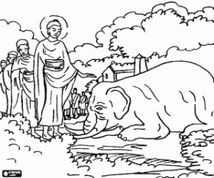 Coloriage Gautama Bouddha avec un �l�phant sauvage a apprivois� pour son bont� affectueuse
