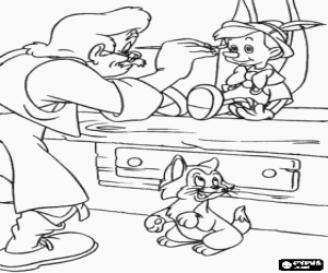 Coloriage Gepeto, le vieux menuisier, peintant sa nouvelle marionnette en bois, Pinocchio, sous le regard de le chat Figaro