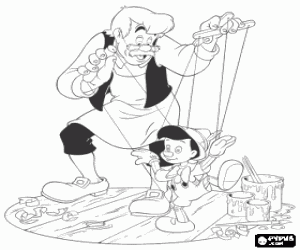 Coloriage Geppetto en manipulant la marionnette de bois juste faite