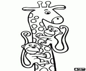 Coloriage Girafe en jouant avec deux singes dans son long col