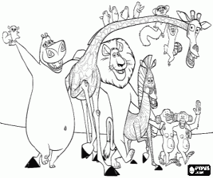 Coloriage Gloria l'hippopotame, Melman la girafe, Alex le lion, Marty le z�bre avec d'autres protagonistes de les aventures