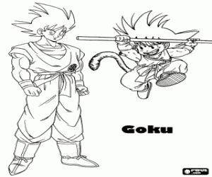 Coloriage Goku enfant et Goku adulte, un �tre humain avec une queue de singe