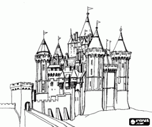 Coloriage Grand ch�teau avec sa tour et le pont d'acc�s