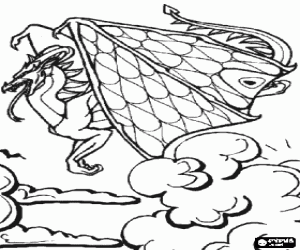Coloriage Grand dragon ail� de vol au-dessus des nuages