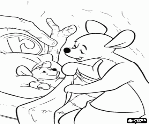 Coloriage Grand Gourou mettre au lit a Petit Gourou, le petit kangourou
