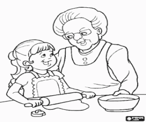 Coloriage Grand-m�re de l'enseignement � cuire de sa petite-fille 