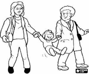 Coloriage Grand-m�re, m�re et petit-fils de marche, main dans la main tandis que l'enfant saute