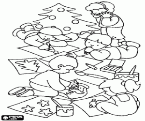 Coloriage Groupe d'enfants dessinant et peintant le No�l