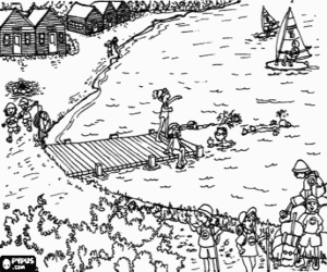 Coloriage Groupe d'enfants en pratiquant diverses activit�s dans des colonies d'�t� avec le campement au fonds