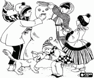 Coloriage Groupe d'enfants et un chien jouant pour faire un bonhomme de neige