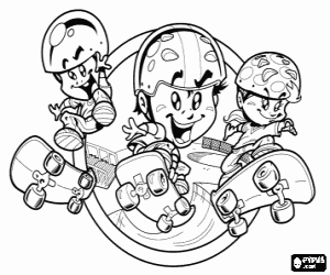 Coloriage Groupe d'enfants ou skaters de la pratique avec les planches � roulettes ou skateboards