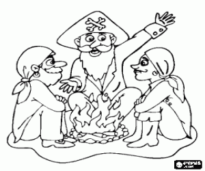 Coloriage Groupe de pirates r�uni autour d'un feu
