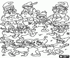 Coloriage Groupe des gnomes ou nains tenant une partie ou une f�te, touchant de la musique et en la dansant