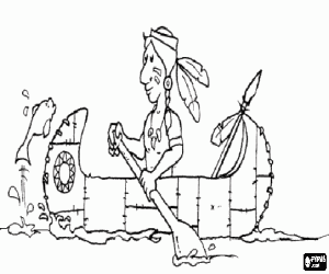 Coloriage Guerrier indien avec son visage peint et des plumes sur la t�te, ramant dans son canot