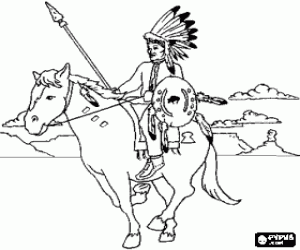 Coloriage Guerrier indien chevauchant � travers la plaine, avec des montagnes derri�re, de ses plumes, de bouclier et la lance