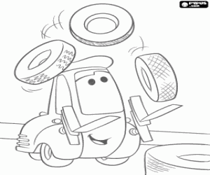 Coloriage Guido le chariot �l�vateur � le travail dans sa sp�cialit�, le remplacement des pneus
