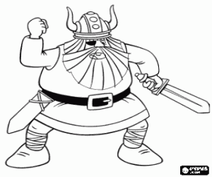 Coloriage Halvar, le p�re de Vicky et le chef des Vikings dans le village de Flake avec son bandeau sur l'�il et de l'�p�e � main