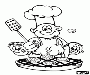 Coloriage Hamburgers pr�par�s � le barbecue, cuisinier et d�neurs avec un visage de faim
