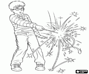Coloriage Harry Potter pratiquant avec la baguette magique 
