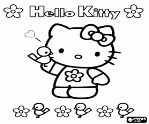 Coloriage Hello Kitty avec des fleurs et des oiseaux