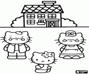 Coloriage Hello Kitty avec ses grands-parents devant la maison