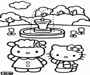 Coloriage Hello Kitty avec son amie Fifi devant la magnifique fontaine dans le parc