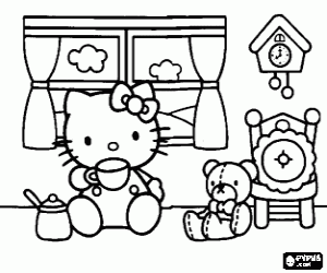 Coloriage Hello Kitty boire avec une tasse en face de la fen�tre avec son ours en peluche Tiny Chum