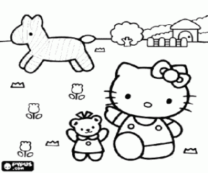 Coloriage Hello Kitty dans le champ avec un cheval et d'une ferme de fond