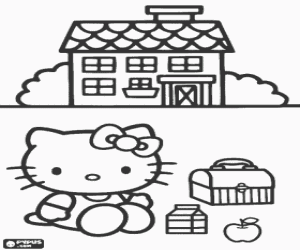 Coloriage Hello Kitty devant sa maison avec son go�ter