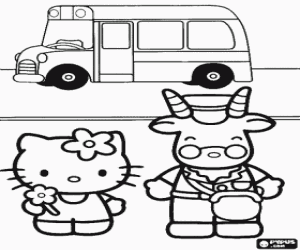 Coloriage Hello Kitty et le conducteur ou le chauffeur d'autobus scolaire debout devant le v�hicule