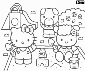 Coloriage Hello Kitty et ses amis Fifi et de chiot Jody en jouant  dans le parc