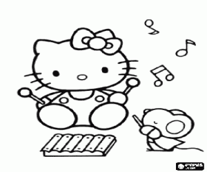 Coloriage Hello Kitty jouant du xylophone sur les instructions de son meilleur ami, le souris Joey