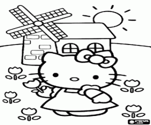 Coloriage Hello Kitty prend coquelicots en fl�nant moulin un pass� dans le domaine