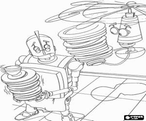 Coloriage Herb Copperbottom de travail dans la cuisine du restaurant avec l'aide de l'invention de son fils, Rodney
