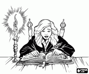 Coloriage Hermione Granger, ami de Harry, de lire un livre � l'�cole � la chandelle