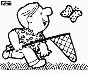 Coloriage Homme den poursuivant un papillon dans la campagne