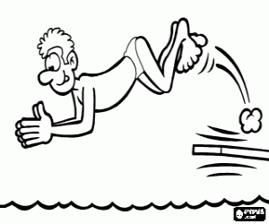 Coloriage Homme sauter la t�te la premi�re dans l'eau depuis le plongeoir de la piscine