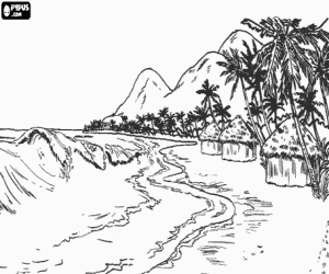 Coloriage Image de c�te tropicale avec de cases, des palmiers et des fortes vagues