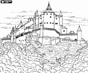 Coloriage Immense ch�teau entour� de bois et d'un berger avec ses moutons pr�s de la parois