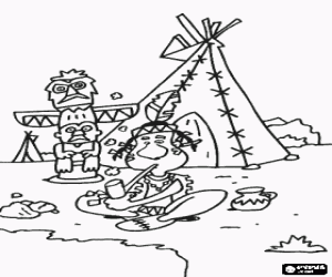 Coloriage Indien fumant la pipe de paix devant son tente ou tipi et le totem de son peupl�