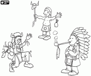 Coloriage Indiens d'Am�rique dans divers rites traditionnels: fumer le calumet de la paix, et la danse lors d'une c�r�monie qui invoque les esprits