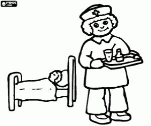 Coloriage Infirmi�re travaillant � l'h�pital avec un patient dans le lit