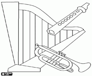 Coloriage Instruments musicaux : une harpe, une trompette et une fl�te