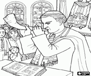Coloriage Int�rieur d'une synagogue au cours d'une c�l�bration religieuse avec le rabbin � l'avant-plan