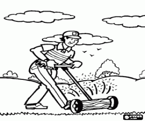 Coloriage Jardinier � tondre le gazon ou la pelouse d'un terrain de golf avec la tondeuse